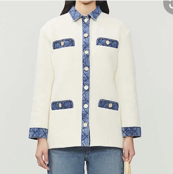 SANDRO Chelby Tweed Denim Jacket White Blue Coat 38 6 Medium - Picture 5 of 10